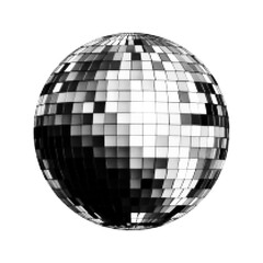Halftone dotted disco ball illustration. Abstract black and white sphere made of pixels and dots, symbolizing dance, nightlife, and retro party style.
