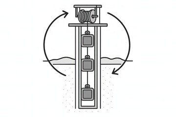 Innovative mechanical concept of pulley system with multiple weights demonstrating fundamental physics principles and mechanical advantage in a simplistic design reverberating technological