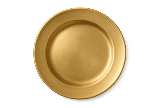 Golden charger plate for elegant table settings, luxurious dinnerware element, top view with transparent background