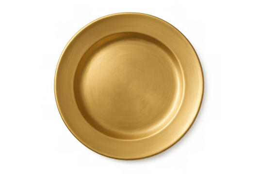 Golden charger plate for elegant table settings, luxurious dinnerware element, top view with transparent background