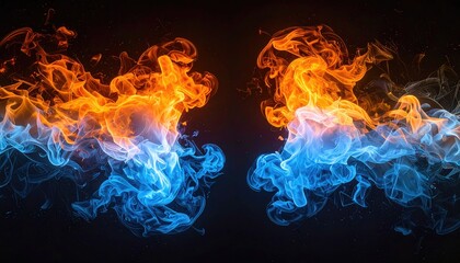 Opposing fiery forms blend, contrasting hues of orange and blue collide in a swirling dance on a dark backdrop