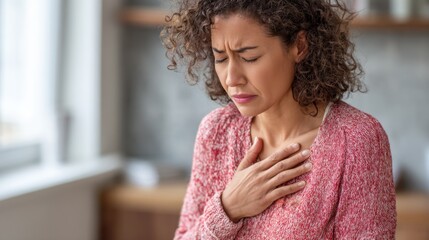 A woman looks worried as she holds her chest in a bright warm living room filled with natural light.