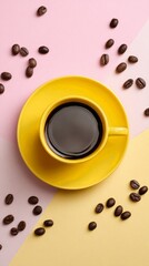 Obraz premium Freshly Brewed Coffee in a Yellow Cup on a Colorful Background With Scattered Coffee Beans