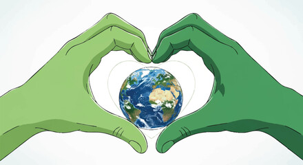 Conceptual vector art of two green hands in a heart gesture embracing the globe, a symbol for ecology and Earth Day awareness