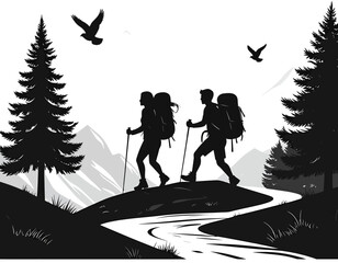 Hiking Couple Silhouette Illustration - Black Graphic Adventure & Trekking Clipart