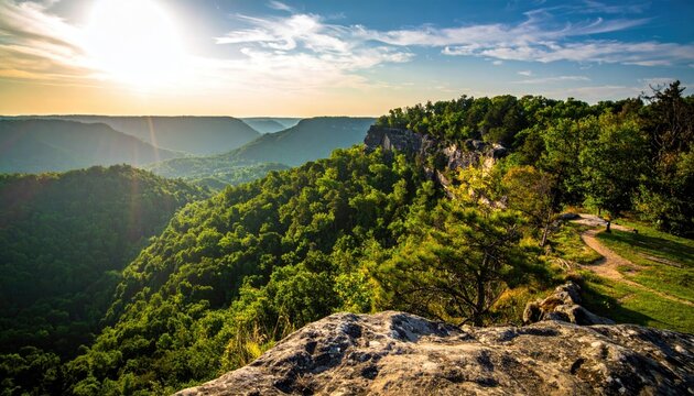Mountain vista with forest valley. Sun illuminates lush green trees and distant peaks under a bright sky with scattered clouds - Powered by Adobe