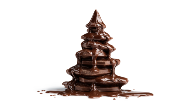 Stacked Pyramid Chocolate Pieces Forming Christmas Tree Shape with Melted Chocolate on White Background