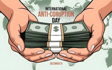 Hands holding a large stack of us dollar bills for international anti corruption day