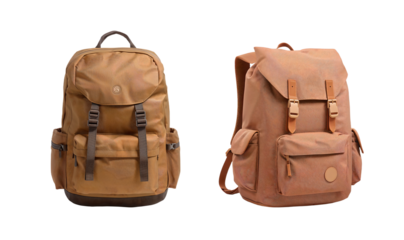 two stylish backpacks in a warm, earthy tone. One is more upright with multiple pockets and sturdy straps. The other has a classic design with a flap closure and buckle detailing.