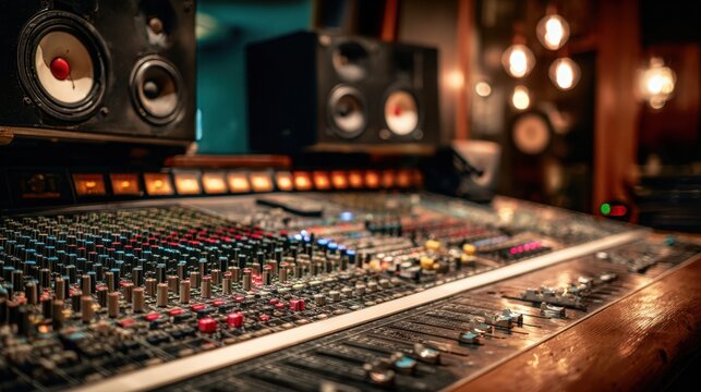 A music studio setup showcases a mixing console spinning knobs and speakers capturing the creative atmosphere.
