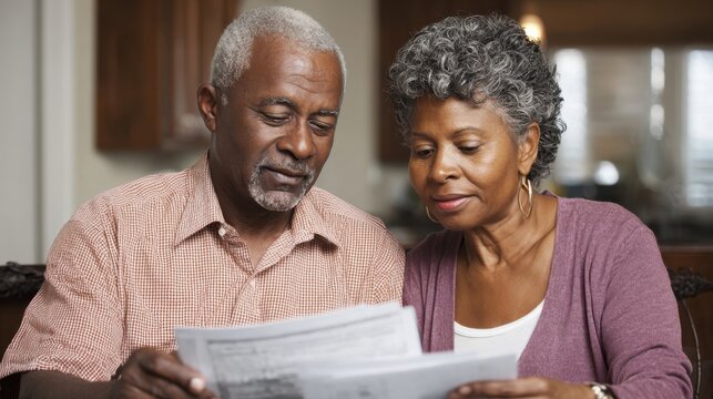 Elderly couple sits closely discussing papers with focused expressions in their warm living room.