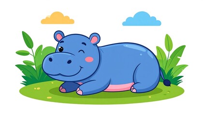 Cute blue hippo resting in grassy area