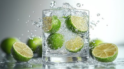 Fresh limes splashing into water glass