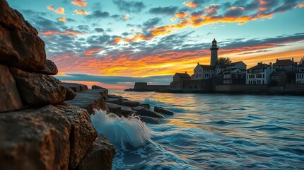 Coastal sunset with waves crashing against rocks and lighthouse in distance