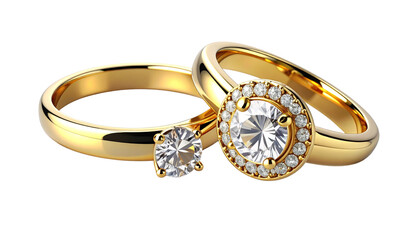 Two luxury diamond gold rings variation set isolated on transparent background