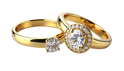 Two luxury diamond gold rings variation set isolated on transparent background
