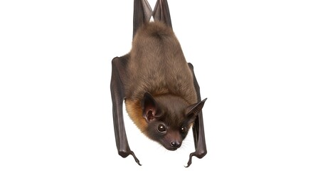 A brown bat hangs upside down against a white background, showcasing its furry body and wings.
