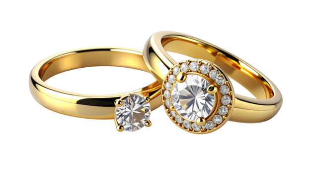 Two luxury diamond gold rings variation set isolated on transparent background - Powered by Adobe