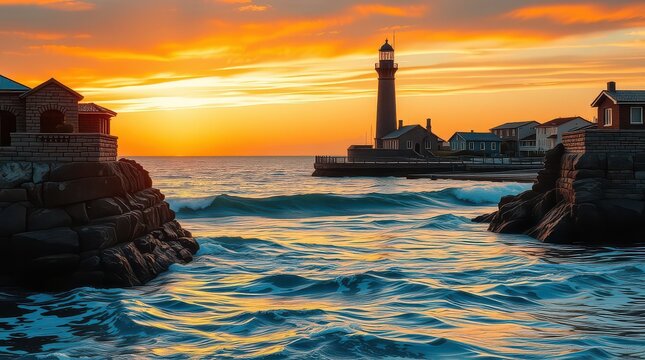 Picturesque lighthouse stands tall against a vibrant sunset over the ocean