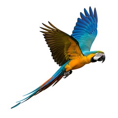 A vibrant blue and yellow macaw in mid-flight, showcasing its colorful plumage and long tail feathers against a clean white background.