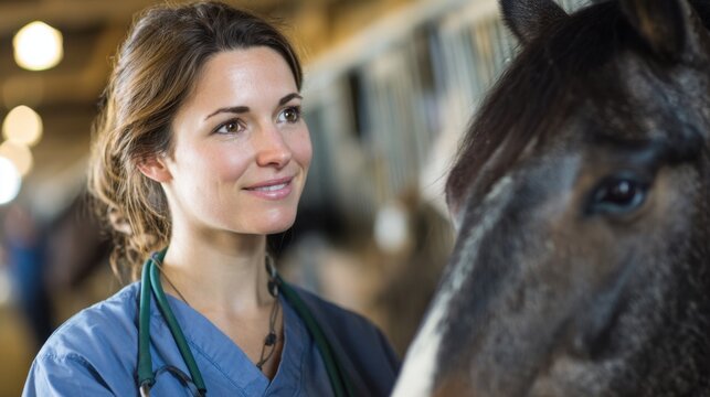 A veterinarian interacts gently with a horse in a classic barn setting showcasing compassion. - Powered by Adobe