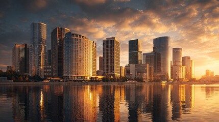 Obraz premium Modern financial district skyline with tall glass skyscrapers reflecting golden sunset