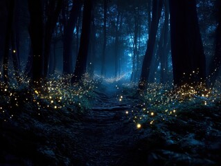 Obraz premium Ethereal Forest Path Illuminated Fireflies Deep Night Dark Woods Mysterious Ambiance Natural Spectacle