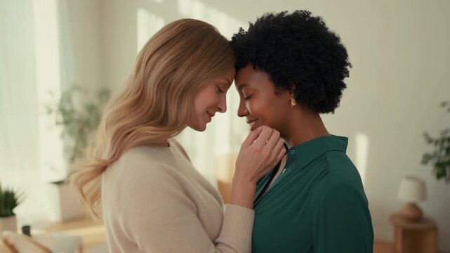 Interracial lesbian couple sharing a tender romantic moment