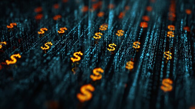 Abstract financial data streams with binary code and digital currency symbols - Powered by Adobe