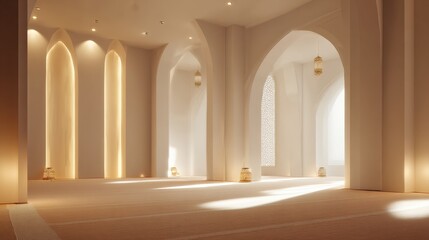 Obraz premium Serene and Minimalist Islamic Prayer Hall: A Vast, Empty Interior with Soft, Glowing Light and Architectural Arches, Capturing the Tranquility and Elegance of a Modern Mosque or Worship Space