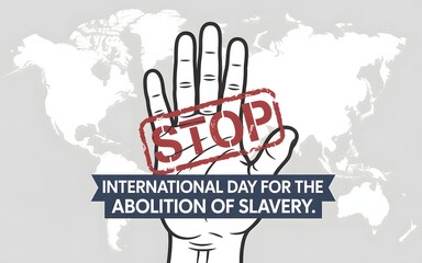 Hand with stop slavery message on world map background for international day