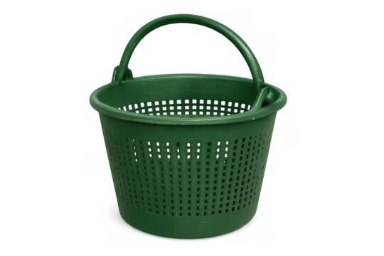 Green plastic perforated basket with sturdy handle, empty bucket for household use, isolated on transparent background
