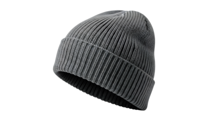 Gray knitted beanie hat isolated on transparent background, a warm and stylish winter accessory for keeping head cozy during cold weather, studio shot
