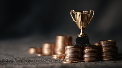 Business success concept with trophy on top of stacked coins