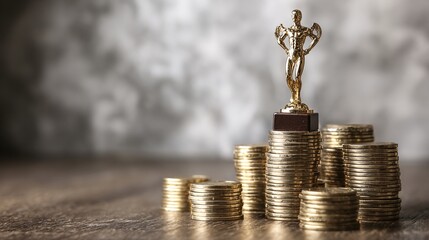 Business success concept with trophy on top of stacked coins