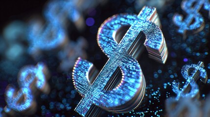 Abstract finance background with holographic blue dollar signs