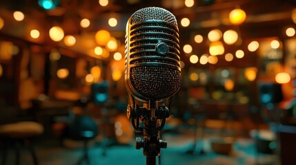 Vintage microphone on stage, music venue, warm lights,  live performance, background blur,  concert promotion