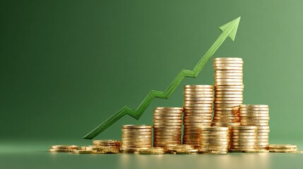 Wealth growth concept with green arrow rising above coins