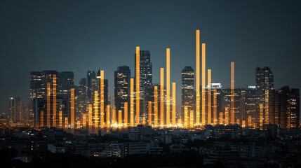 City skyline with overlay of glowing financial bar charts
