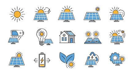 Collection of solar energy icons, showcasing renewable resources and sustainable power generation