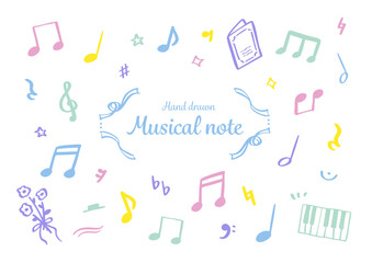 手描きのシンプルでカラフルな音符と音楽記号のイラストセット
