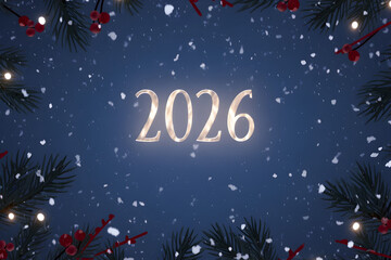 Fototapeta premium Snowfall in winter night, softly glowing ‘2026'