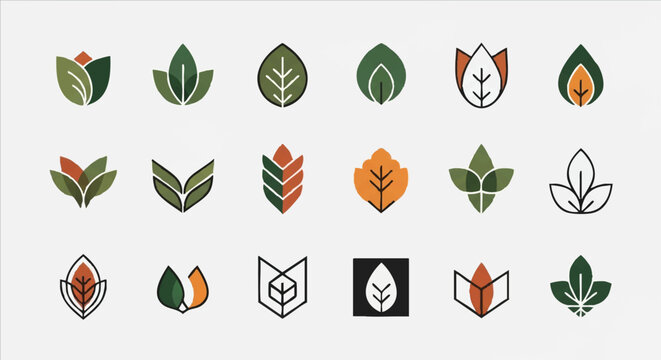 Collection of modern vector leaf icons and logo design elements. A set of geometric plant symbols for nature and organic brands