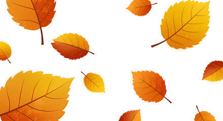 Obraz premium A vibrant array of orange and yellow autumn leaves gracefully descends against a clean white background, symbolizing the beautiful transition of the fall season.