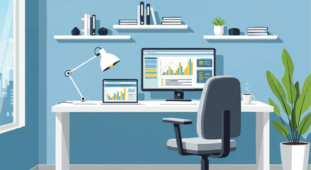 Modern Workspace Digital Devices, Comfortable Chair, and Organized Shelves Create a Productive Environment