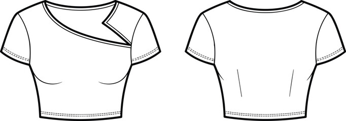 Asymmetrical cropped top fashion flat, short sleeves, bust darts, overlapping neckline, front and back technical sketch, garment design, vector illustration