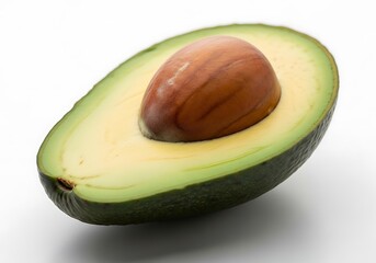Half of an avocado with seed isolated on white background, showcasing its vibrant green color and healthy properties