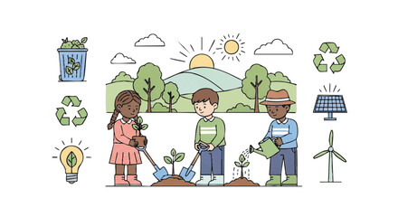 Illustration of children planting trees and engaging in eco-friendly activities, promoting environmental awareness and sustainability