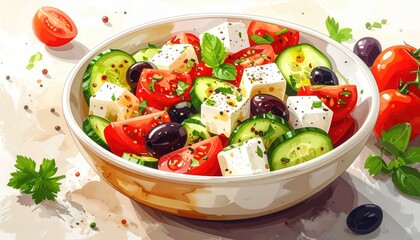 Bowl of fresh Greek salad tomatoes, cucumbers, feta, olives, basil, bright light, painterly, appetizing