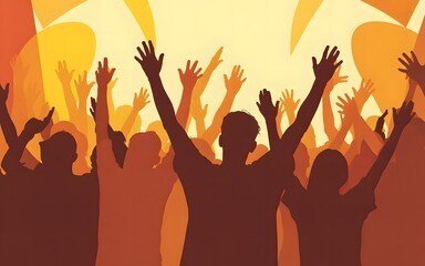 Fototapeta premium Crowd of people with hands raised in celebration under bright lights